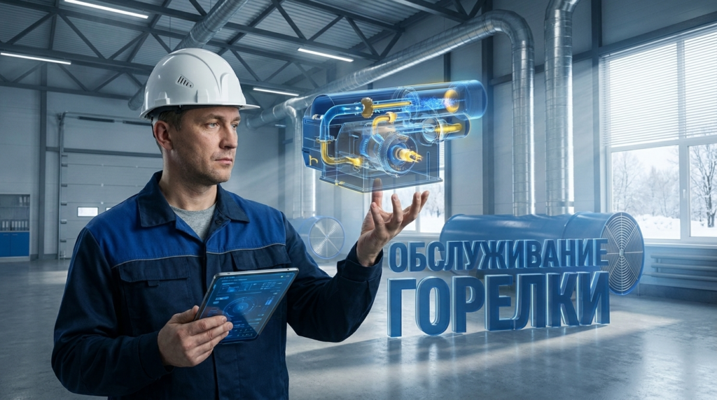 Инженер ИЦЭТ проводит техническое обслуживание газовой горелки воздухонагревателя, проверяя ее состояние и настройки.