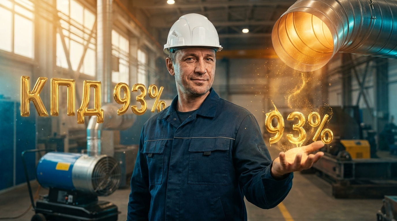 Инфографика, показывающая преимущества воздушного отопления, его высокий КПД в 93% и принципы работы системы для дома.