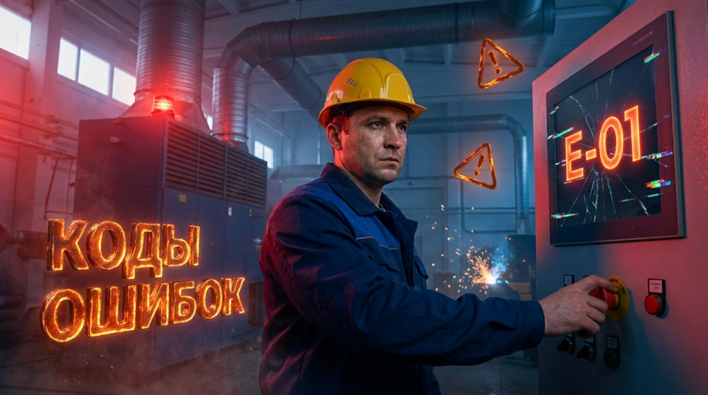 Изображение демонстрирует типичный код ошибки на дисплее воздухонагревателя. Рядом представлены основные символы аварийных сигнализаций и их расшифровка.